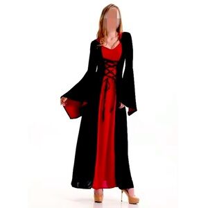 Long black & red Witch Halloween Costume with Hood